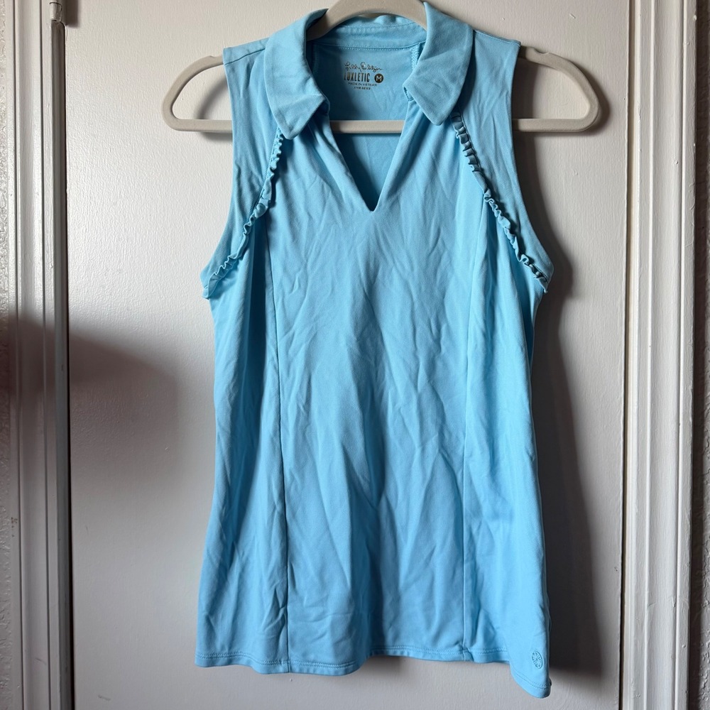Lilly Pulitzer Luxletic Sleeveless Polo Ruffle Trim Blue V-Neck Top Medium